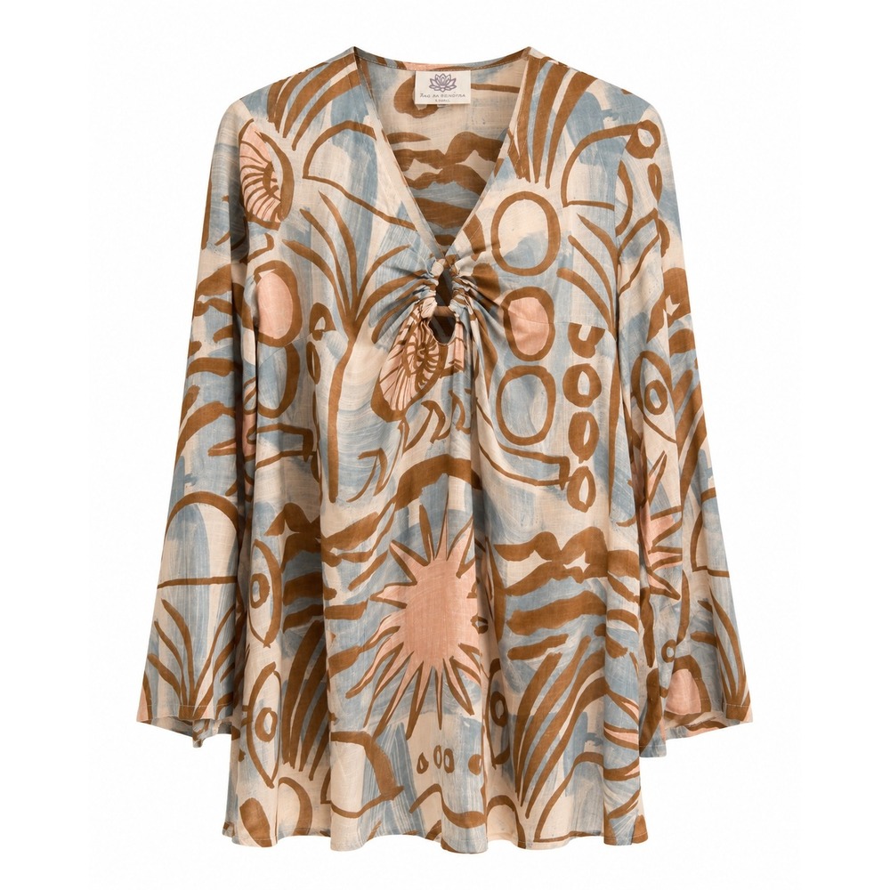 True Destinations Women Brown Blue Abstract Celestial Rayon Tunic Top Size M